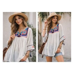 Boho Cottagecore White Embroidered Tunic Dress Tassel Sleeve Womens M/L